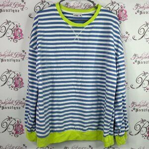 Jtaisc sweater pull over stripes Striped Blue and White Top with Neon Green Trim